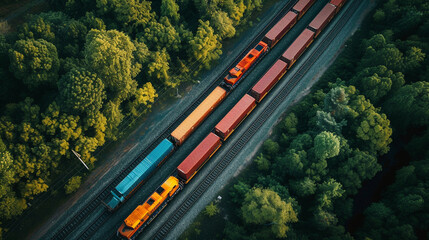 An aerial view of a freight train with smart technology enhancements, logistics, dynamic and dramatic compositions, with copy space