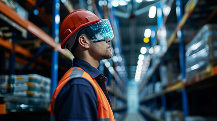 An operator wearing AR glasses to manage and control a logistic network, logistics, dynamic and dramatic compositions, with copy space - obrazy, fototapety, plakaty
