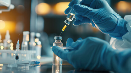 Close-up of a person's hands wearing blue gloves while drawing a clear liquid from a vial into a syringe, suggesting a medical or laboratory setting.