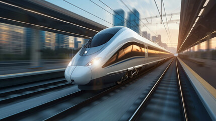 Fototapeta premium A high-speed bullet train dedicated to cargo delivery, enhanced with smart technology, logistics, dynamic and dramatic compositions, with copy space