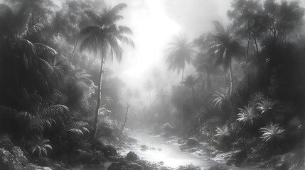 Tropical forest drawn with graphite pencil, concept for wallpaper.