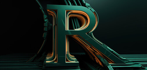 3d abstraction of the letter r in dark green color , image made with generative ai technology.