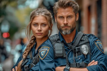 Fototapeta premium A man and woman stand tall in their police uniforms, their human faces stoic and determined as they brave the chilly outdoor streets, jackets flapping in the wind, embodying strength, duty, and autho