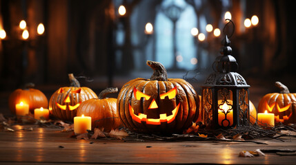 Halloween day with pumpkins and candles on wooden background