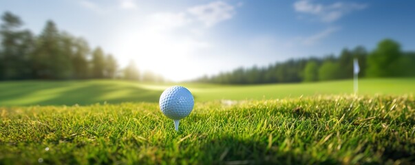 White golf ball in the photo on a wide green grass with sunlight from above. generative AI