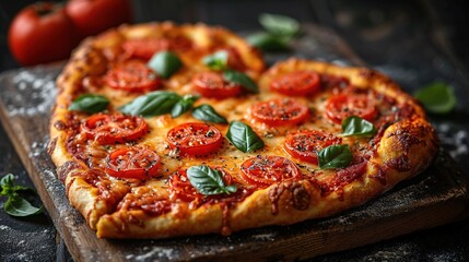 Heart shaped pizza on vintage wooden background. The concept of romantic love for Valentine's Day