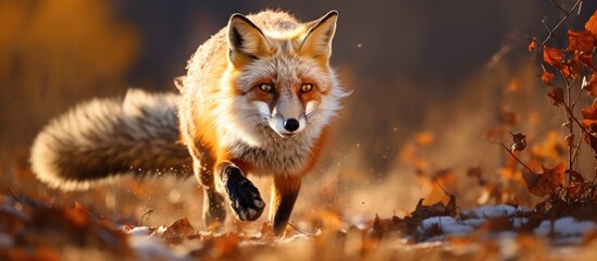 In the autumn, a red fox gracefully runs closer towards us on a dry field, its fiery fur contrasting with the muted colors of the season.