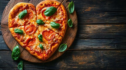 Heart shaped pizza on vintage wooden background. The concept of romantic love for Valentine's Day