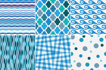 Set simple seamless blue with white pattern with waves and cell and strips. Vector image