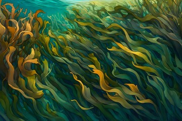 Fototapeta na wymiar Wavy underwater kelp forests swaying gently
