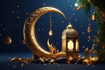 3d Crecent moon and lantern for Ramadan and Eid background design template with mosque for Muslim festival 