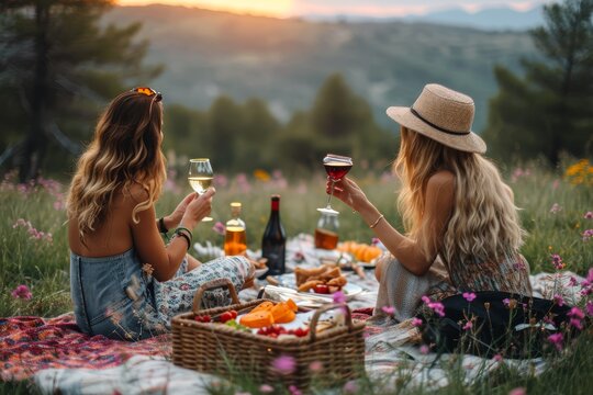 A picturesque summer picnic in full bloom, as a group of stylish women relax on a blanket under the open sky, sipping wine and surrounded by vibrant flowers and lush grass