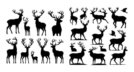 Vector silhouette set of deer with a simple and minimalist stencil design style