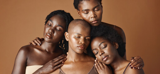 Skincare, beauty and face of black women in studio with glowing, natural and facial routine....