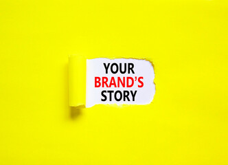 Branding and your brand story symbol. Concept words Your brands story on beautiful white paper. Beautiful yellow paper background. Business branding your brand story concept. Copy space.