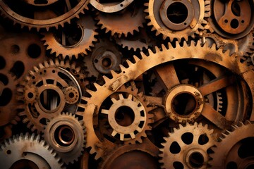 Textured rusted gears and cogs turning slowly
