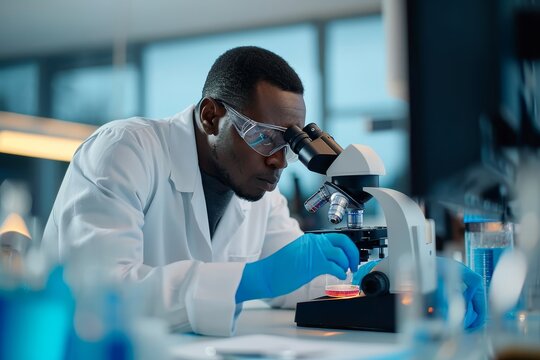A dedicated scientist in a white coat carefully examines the intricate details of medical equipment through his microscope in a bustling laboratory, driven by his passion for research and advancement