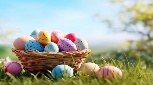 Easter eggs on green field background with blue sky