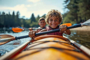 Foto op Canvas Two adventurous children paddle through the serene waters in their kayak, surrounded by towering trees and the vast blue sky, fully equipped with life jackets and sporting determined expressions on t © Pinklife