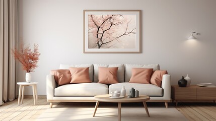 a Scandinavian-style poster frame in a cozy living room with hygge elements and add a 3D render