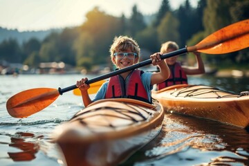 Two young adventurers glide through the serene waters on their kayaks, surrounded by the beauty of nature and the thrill of outdoor recreation - obrazy, fototapety, plakaty