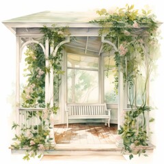 A calming watercolor illustration of a porch with a blossoming tree and wicker furniture, inviting relaxation. a garden gazebo entwined with lush climbing flowers and greenery.