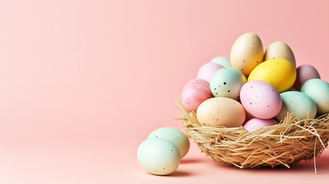Colorful easter eggs on pink background