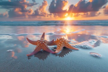 As the sun sets over the ocean, a lone starfish rests on the sandy beach, a beautiful reminder of the diverse and fascinating world of marine invertebrates - obrazy, fototapety, plakaty