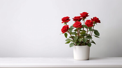 Red roses on white pot isolate on white background