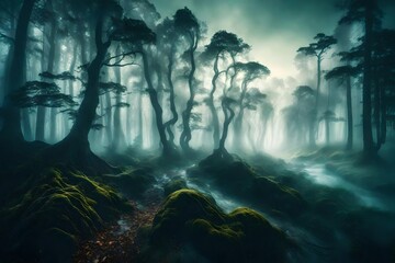 Wavy ethereal mist rolling over a mysterious forest