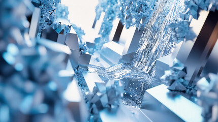 Winter Snowflakes in Blue, Cold Frosty Background with Ice Crystals, Christmas and New Year Decoration