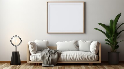 Artistic Mockup poster blank frame showcased in a lounge with floor cushions and rugs