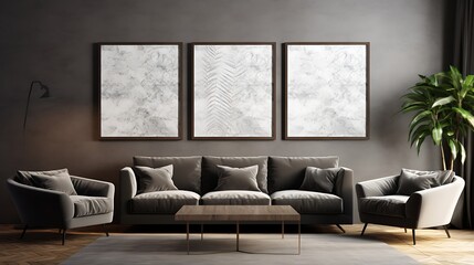 Beautiful lounge with a mix of textured wallpaper and elegant Mockup poster blank frames