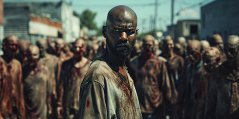 Daytime portrait of a black man on a busy street filled with a crowd of zombies. - obrazy, fototapety, plakaty