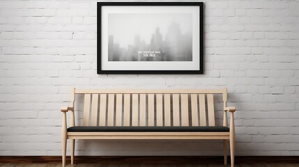 Black and white Mockup poster blank frame above a sleek, wooden bench