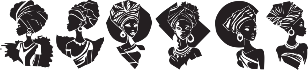 Fotobehang Silhouettes of women in ethnic African hairstyles and clothes, vector graphics black and white decoration for laser cutting and engraving © Cris