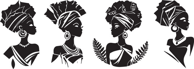 Silhouettes of women in ethnic African hairstyles and clothes, vector graphics black and white decoration for laser cutting and engraving
