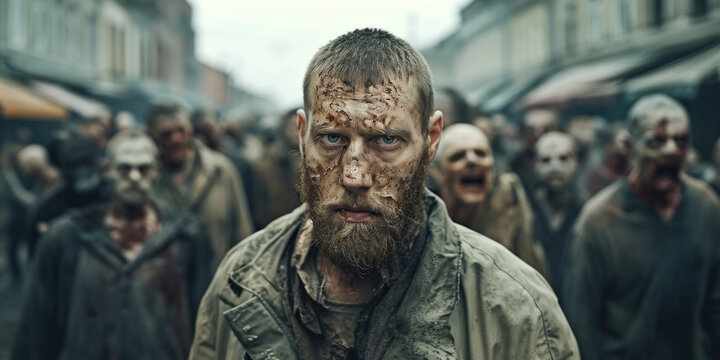 Daytime portrait of a white man with a beard on a busy street filled with a crowd of zombies.