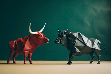 An artistic arrangement of origami bulls, displaying the contrast and intricacy of paper folding techniques. generative ai
