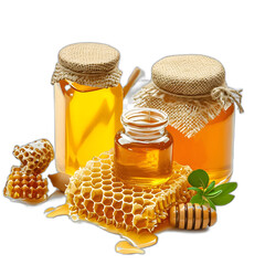 Close-up of a fresh honeycomb with various honey products made from organic natural ingredients, isolated on a transparent background.