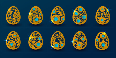 Set of Golden Happy Easter eggs with flowers with ornament