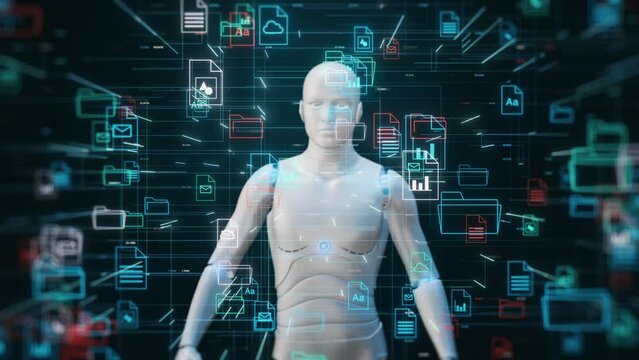 AI assistant for document management system, futuristic humanoid robot with a complex interface with file and folder icons, concept of digital data organization (3d render)