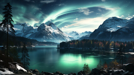 Lake at night with aurora lights