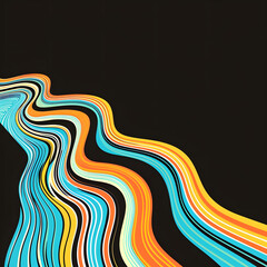 A mesmerizing and vivid psychedelic color wave flowing on a black background, ideal for dance party posters or music covers. The vibrant retro colors of the 1970s, 1980s, and 90s are expertly blended 