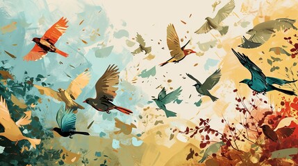 Avian Gatherings: A Colorful Illustration of Various Birds Engaging in a Majestic Flight Amidst Nature to Decide Migration Routes