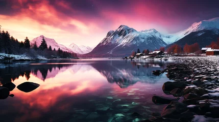 Foto op Canvas Aurora light reflects off the surface of the lake at night © Inlovehem