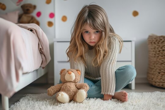 A young girl finds comfort in her teddy bear as she sits on the floor surrounded by familiar furniture and toys in the safety of her indoor sanctuary