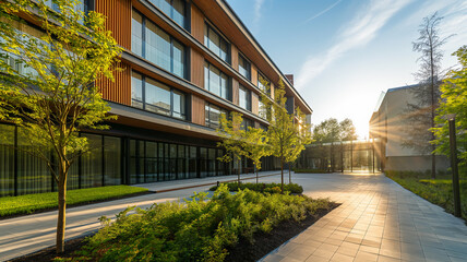 Modern residential building, showcasing its elegant architecture and harmoniously landscaped pathway