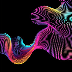 A vibrant rainbow-colored psychedelic wave with orange, blue, teal, and white gradient flowing on a black background. This retro design captures the energetic and colorful vibes of the 70s, 80s, and 9