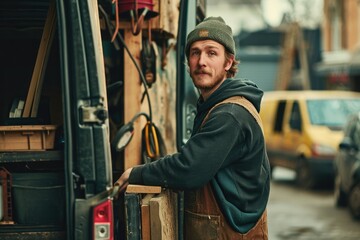 Fototapeta na wymiar Smiling Young Tradesman: A Portrait of a 20s Caucasian Man with Tools and a Van